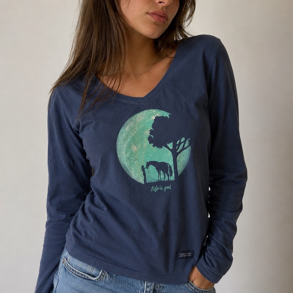 Life Is Good Women's Navy Long Sleeve Tee with Mint Moon Graphic